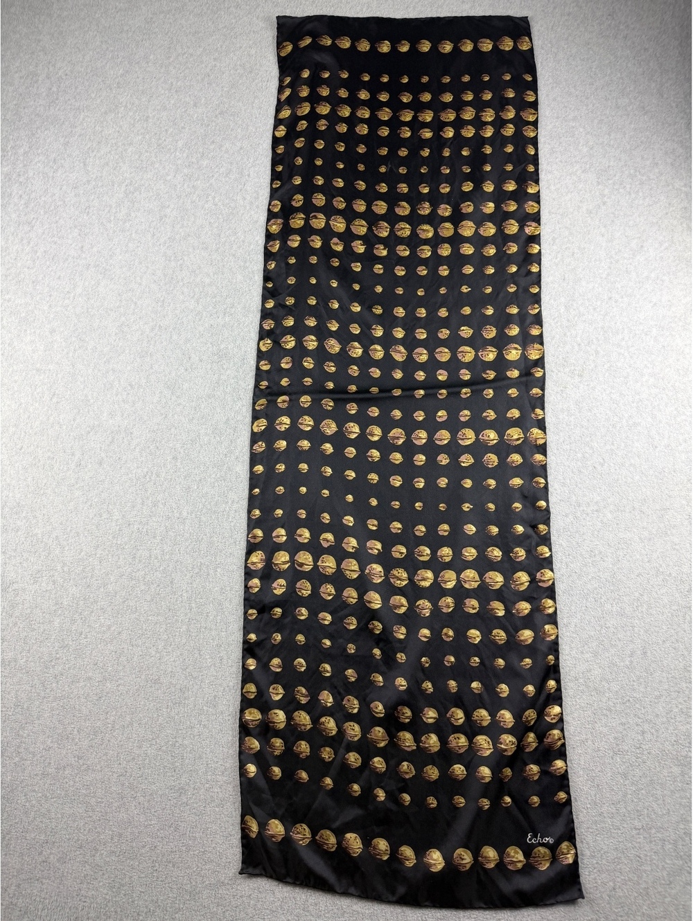 Vintage Echo Silk Scarf Black Gold Walnut Nut Novelty Print Long Oblong